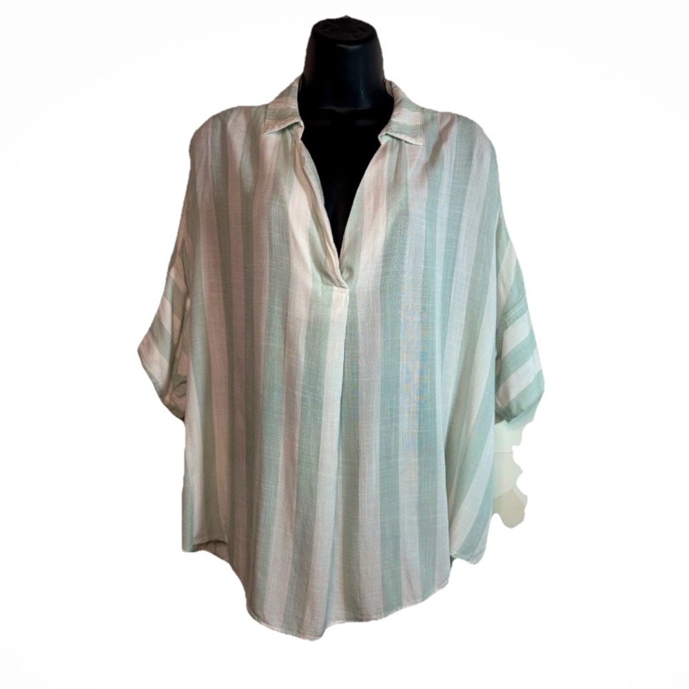 UMGEE Popover High Low Mint & Beige Striped Tunic Top Lagenlook Oversized Size L